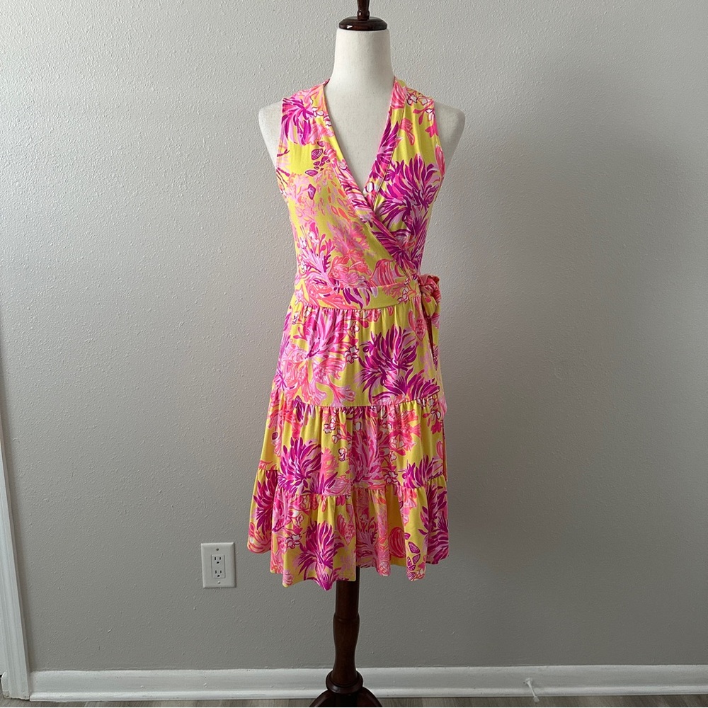 Lilly Pulitzer Pink and Yellow Ruffled Wrap Dress